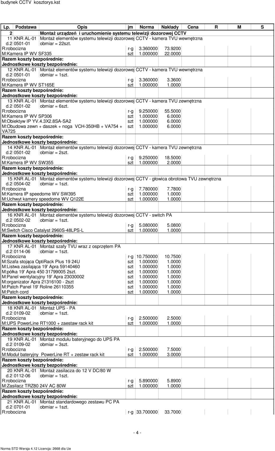 3600 M:Kamera IP WV ST165E szt 1.000000 1.0000 13 KNR AL-01 d.2 0501-02 Montaż elementów systemu telewizji dozorowej CCTV - kamera TVU zewnętrzna obmiar = 6szt. R:robocizna r-g 9.250000 55.