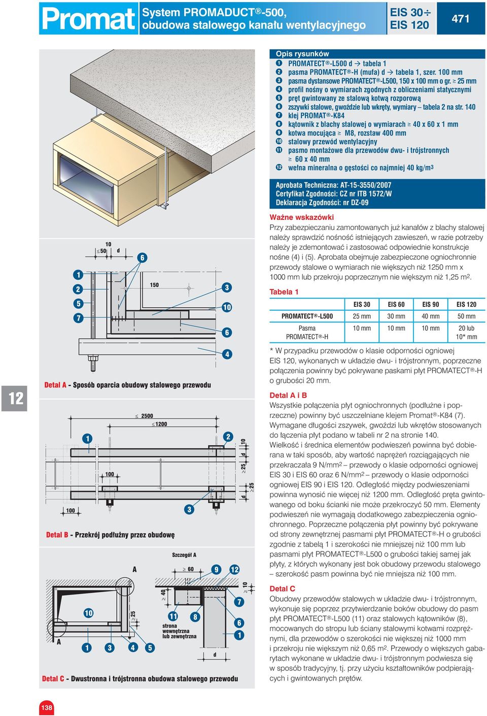 140 7 klej PROMAT -K84 8 kątownik z blachy stalowej o wymiarach ł 40 x 60 x 1 mm 9 kotwa mocująca ł M8, rozstaw 400 mm 10 stalowy przewód wentylacyjny 11 pasmo montażowe dla przewodów dwu- i