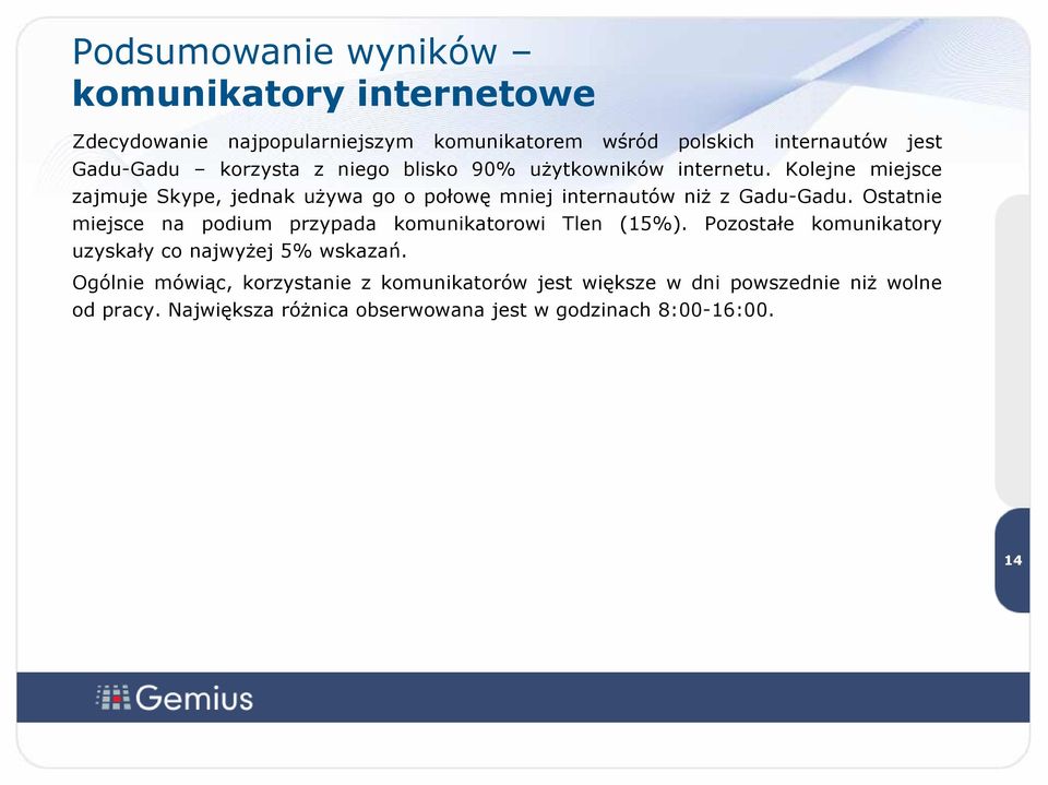 Kolejne miejsce zajmuje Skype, jednak uŝywa go o połowę mniej internautów niŝ z Gadu-Gadu.