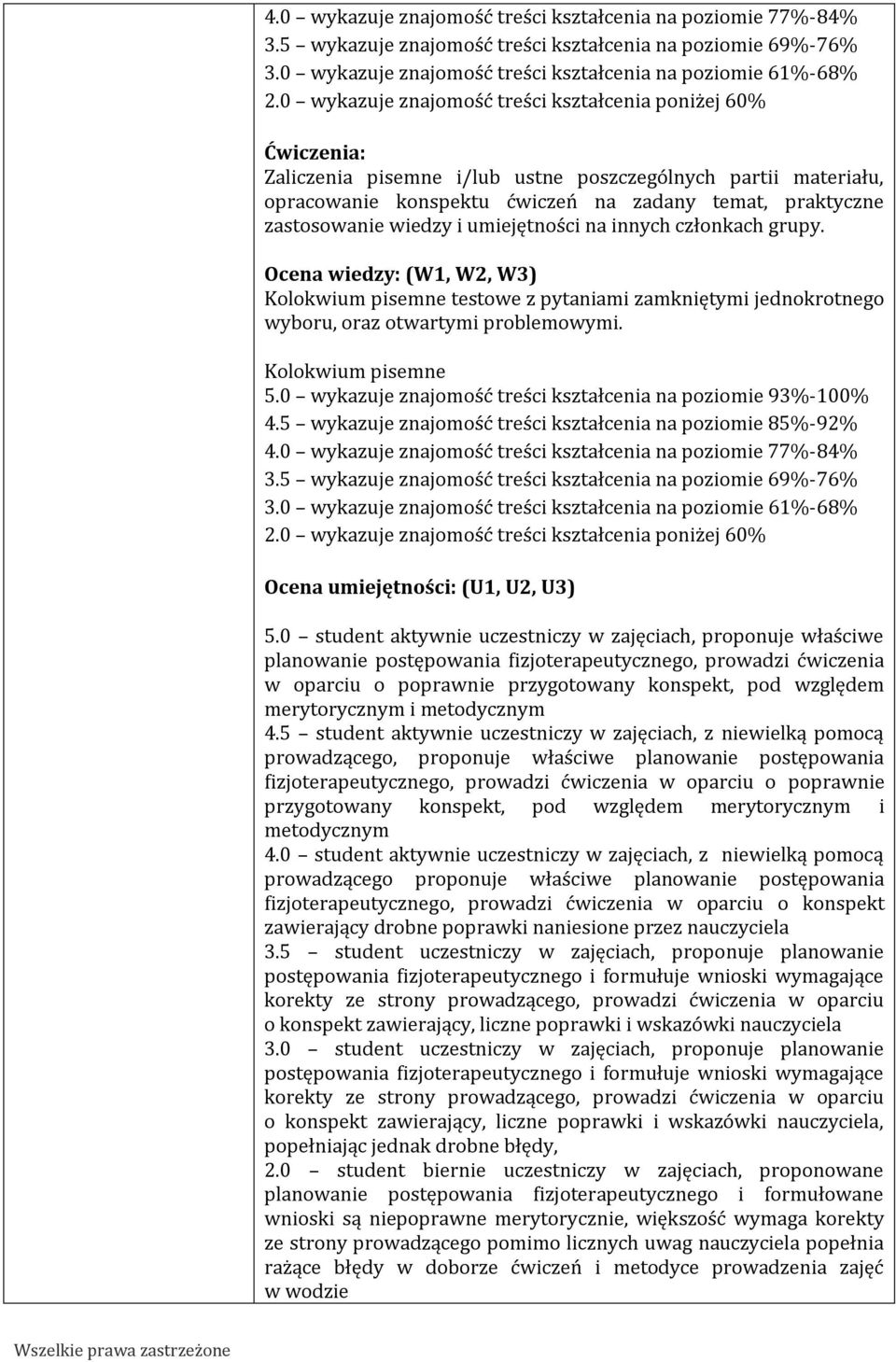 wiedzy i umiejętności na innych członkach grupy. Ocena wiedzy: (W, W, W3) Kolokwium pisemne testowe z pytaniami zamkniętymi jednokrotnego wyboru, oraz otwartymi problemowymi. Kolokwium pisemne 5.