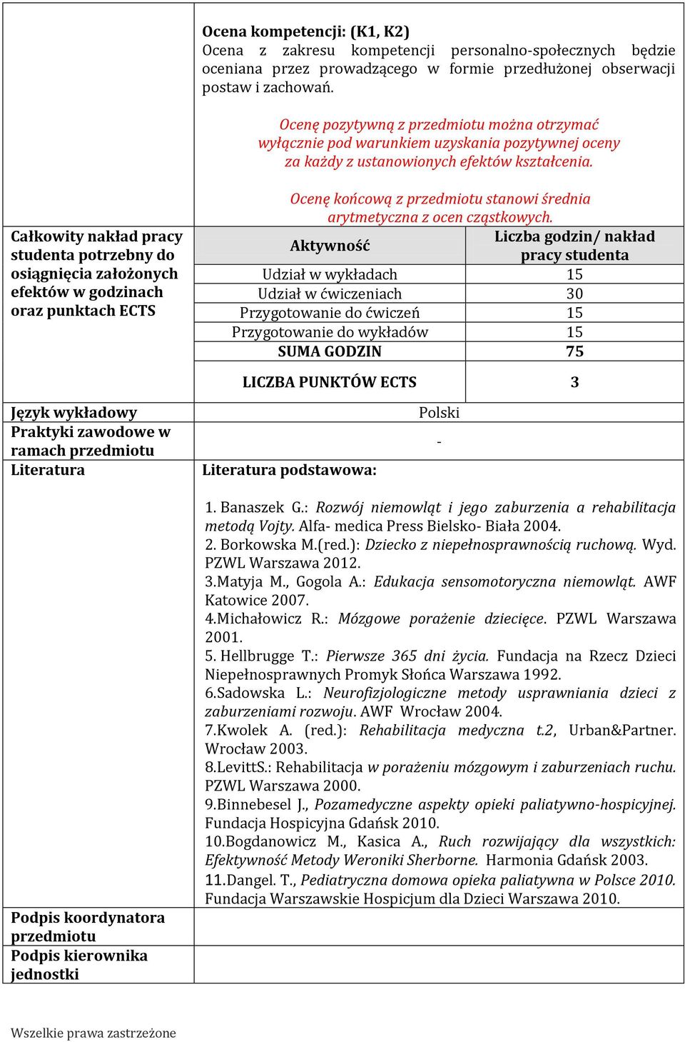 Całkowity nakład pracy studenta potrzebny do osiągnięcia założonych efektów w godzinach oraz punktach ECTS Ocenę końcową z przedmiotu stanowi średnia arytmetyczna z ocen cząstkowych.