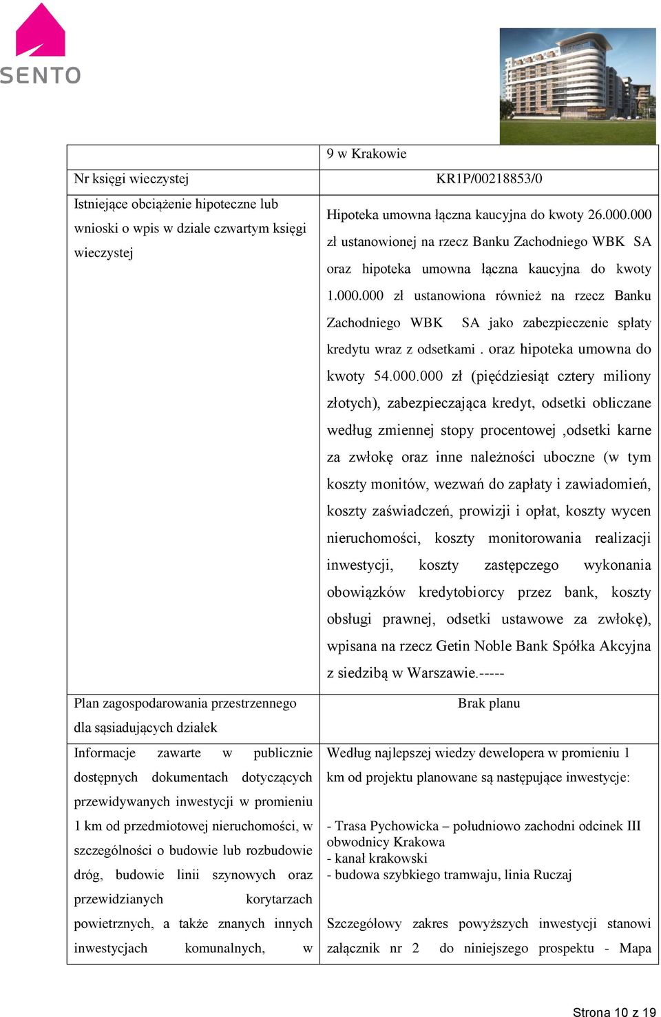 przewidzianych korytarzach powietrznych, a także znanych innych inwestycjach komunalnych, w 9 w Krakowie KR1P/00218853/0 Hipoteka umowna łączna kaucyjna do kwoty 26.000.