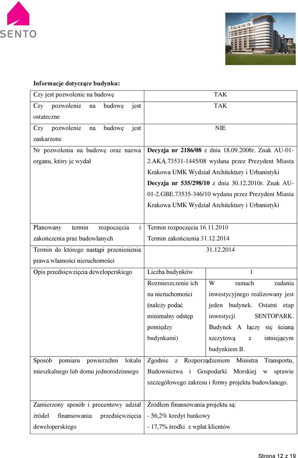 Znak AU- 01-2.GBE.73535-346/10 wydana przez Prezydent Miasta Krakowa UMK Wydział Architektury i Urbanistyki Planowany termin rozpoczęcia i Termin rozpoczęcia 16.11.