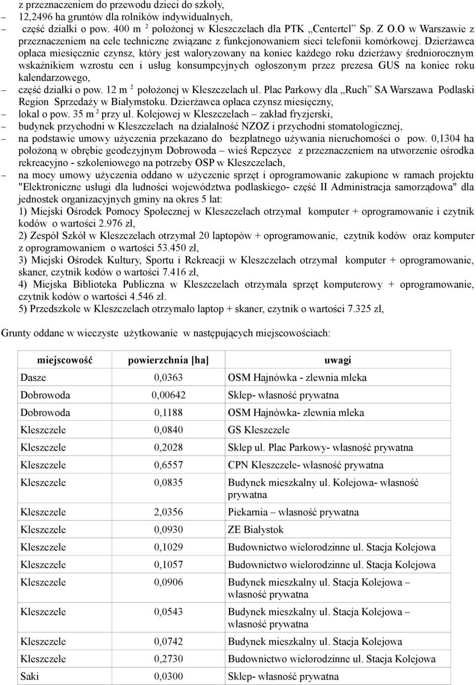 Dzierżawca opłaca miesięcznie czynsz, który jest waloryzowany na koniec każdego roku dzierżawy średniorocznym wskaźnikiem wzrostu cen i usług konsumpcyjnych ogłoszonym przez prezesa GUS na koniec