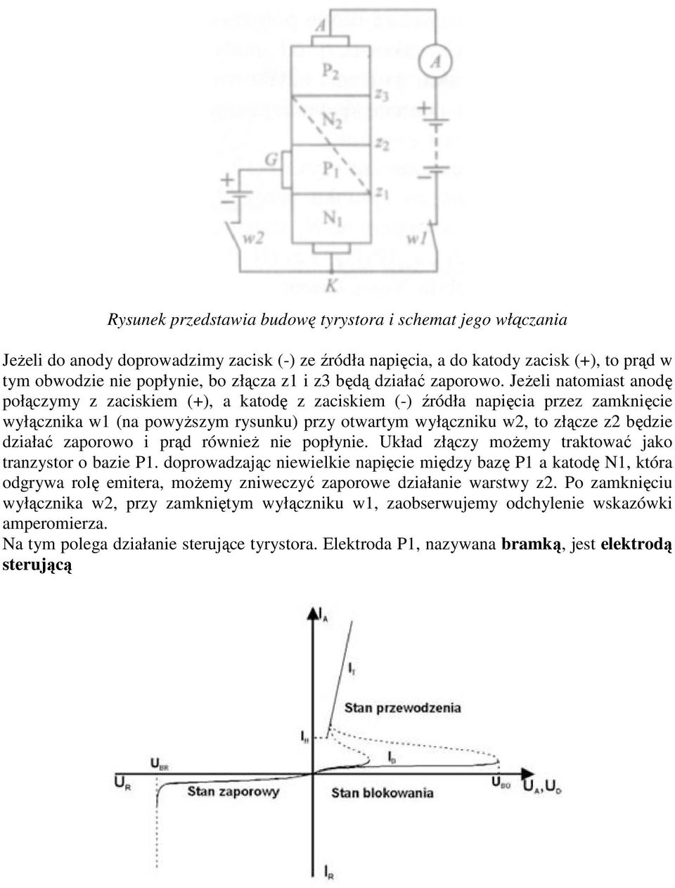 JeŜeli natomiast anodę połączymy z zaciskiem (+), a katodę z zaciskiem (-) źródła napięcia przez zamknięcie wyłącznika w1 (na powyŝszym rysunku) przy otwartym wyłączniku w2, to złącze z2 będzie