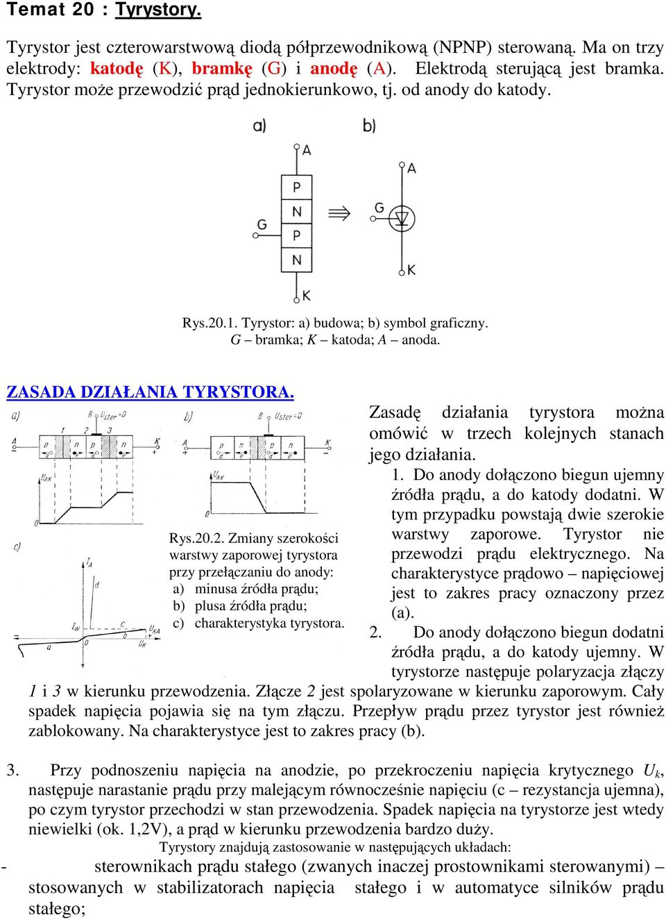 .1. Tyrystor: a) budowa; b) symbol graficzny. G bramka; K katoda; A anoda. ZASADA DZIAŁANIA TYRYSTORA. Rys.20
