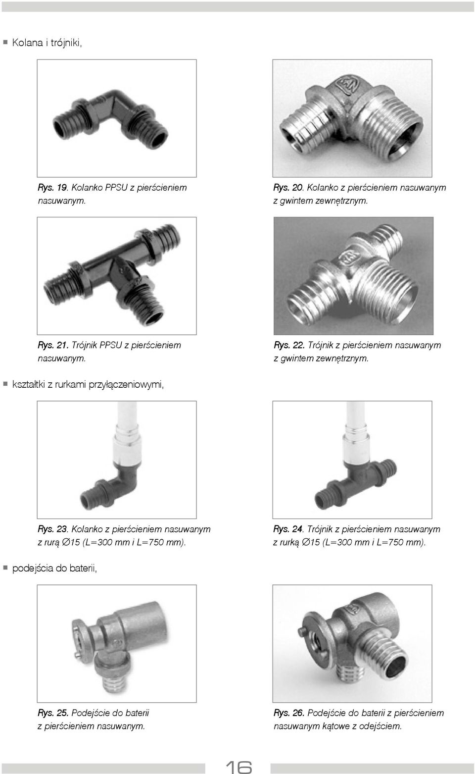 23. Kolanko z pierœcieniem nasuwanym z rur¹ 15 (L=300 mm i L=750 mm). Rys. 24. Trójnik z pierœcieniem nasuwanym z rurk¹ 15 (L=300 mm i L=750 mm).