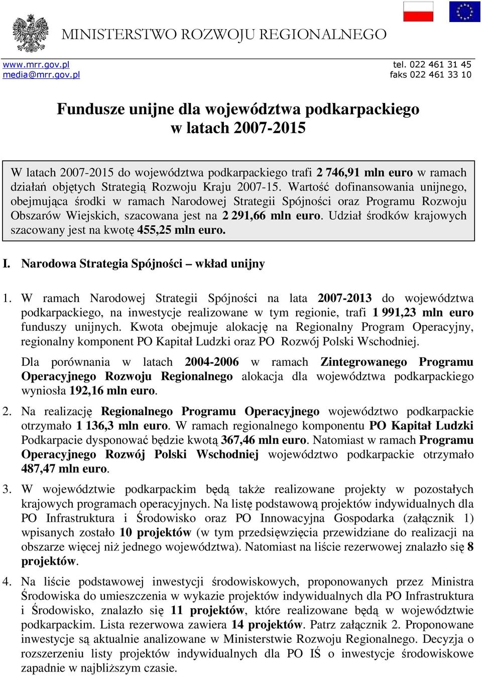 pl faks 022 461 33 10 Fundusze unijne dla województwa podkarpackiego w latach 2007-2015 W latach 2007-2015 do województwa podkarpackiego trafi 2 746,91 mln euro w ramach działań objętych Strategią