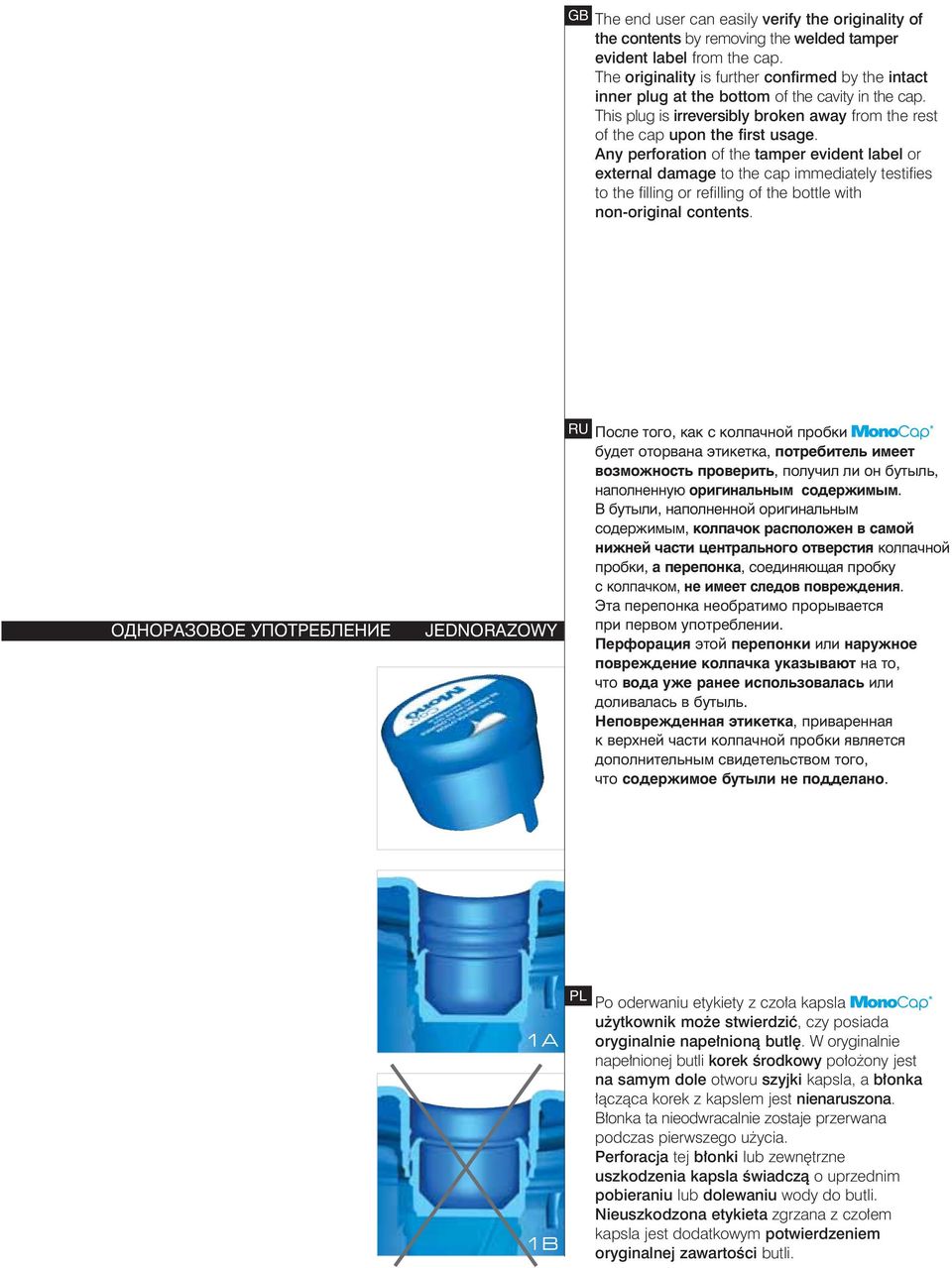 Any perforation of the tamper evident label or external damage to the cap immediately testifies to the filling or refilling of the bottle with non-original contents.