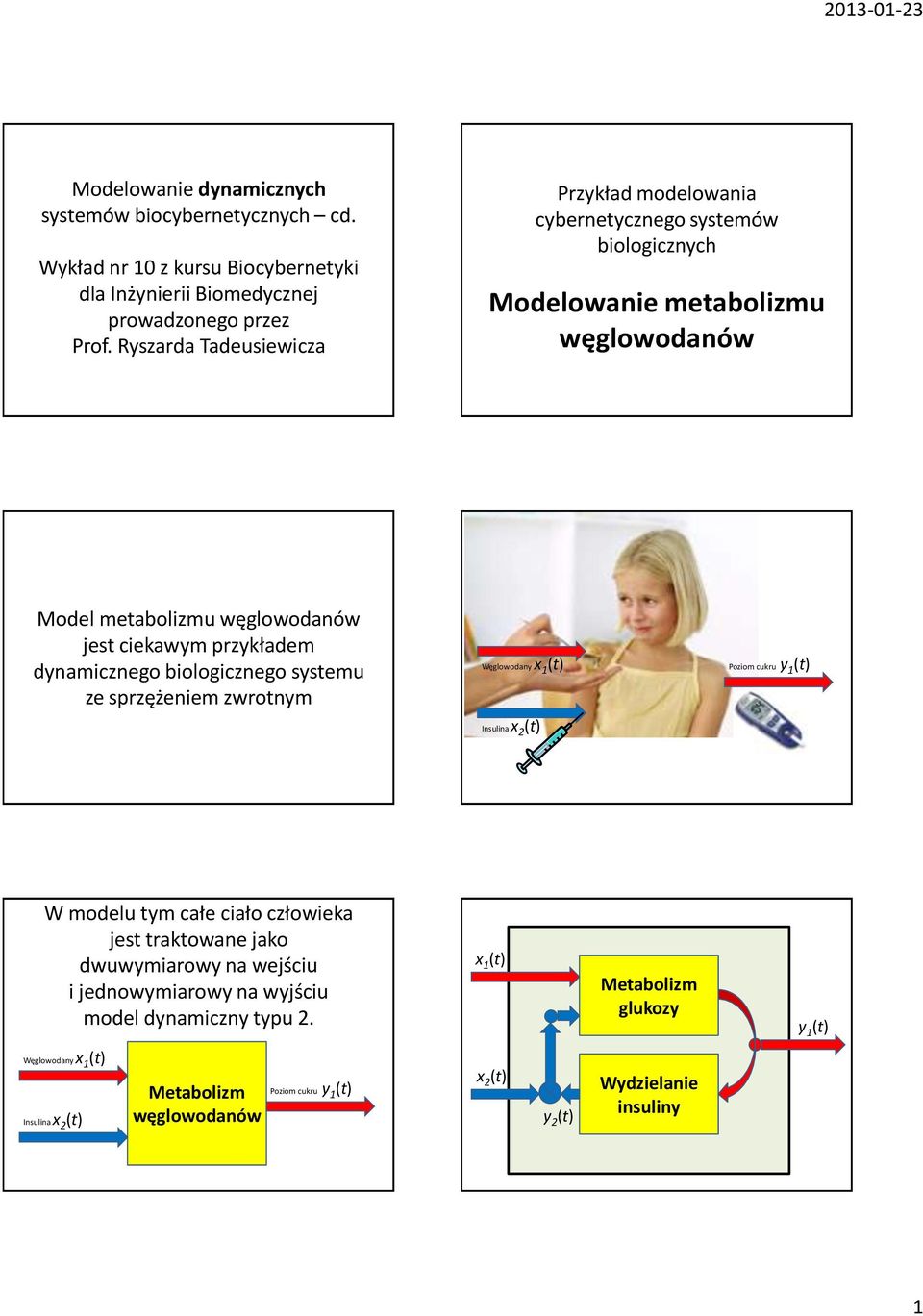 dynamicznego biologicznego systemu ze sprzężeniem zwrotnym Węglowodany x 1 (t) Insulina x 2 (t) Poziom cukru y 1 (t) W modelu tym całe ciało człowieka jest traktowane jako