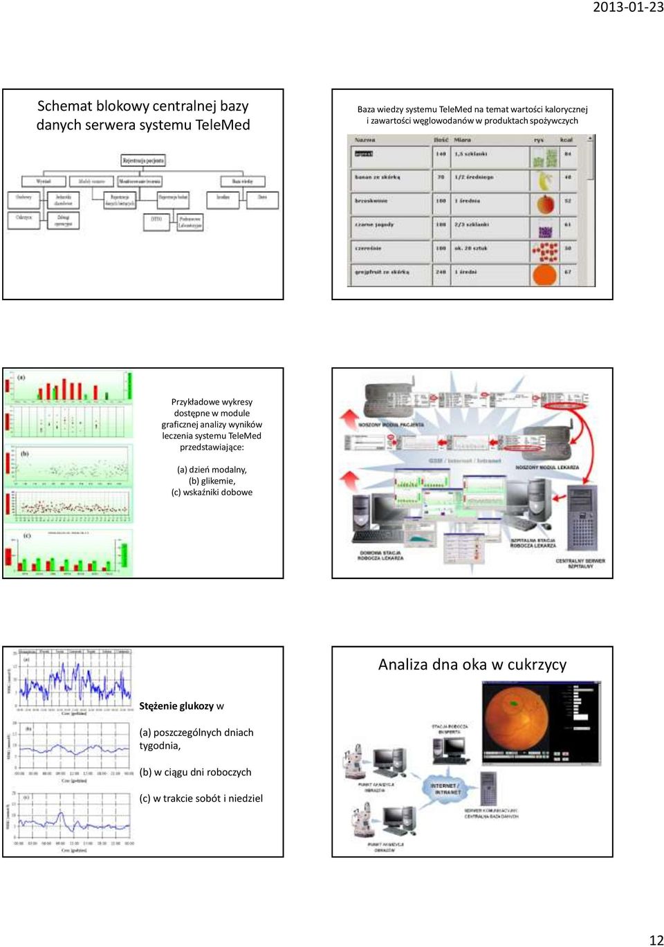 systemu TeleMed przedstawiające: Schemat działania systemu TeleMed (a) dzień modalny, (b) glikemie, (c) wskaźniki dobowe