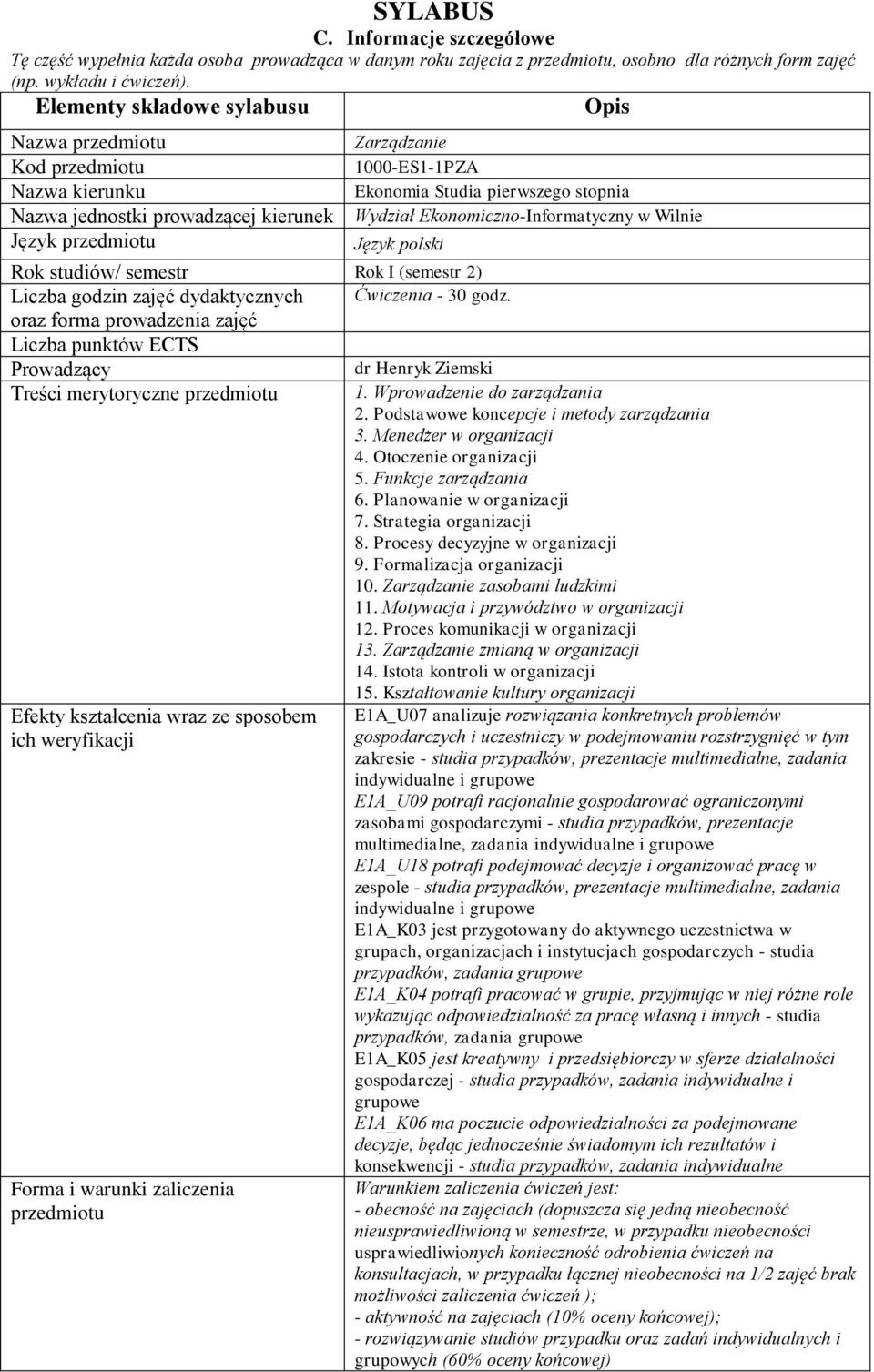 Ćwiczenia - 30 godz. oraz forma prowadzenia zajęć Liczba punktów ECTS Prowadzący dr Henryk Ziemski Treści merytoryczne 1. Wprowadzenie do zarządzania 2. Podstawowe koncepcje i metody zarządzania 3.