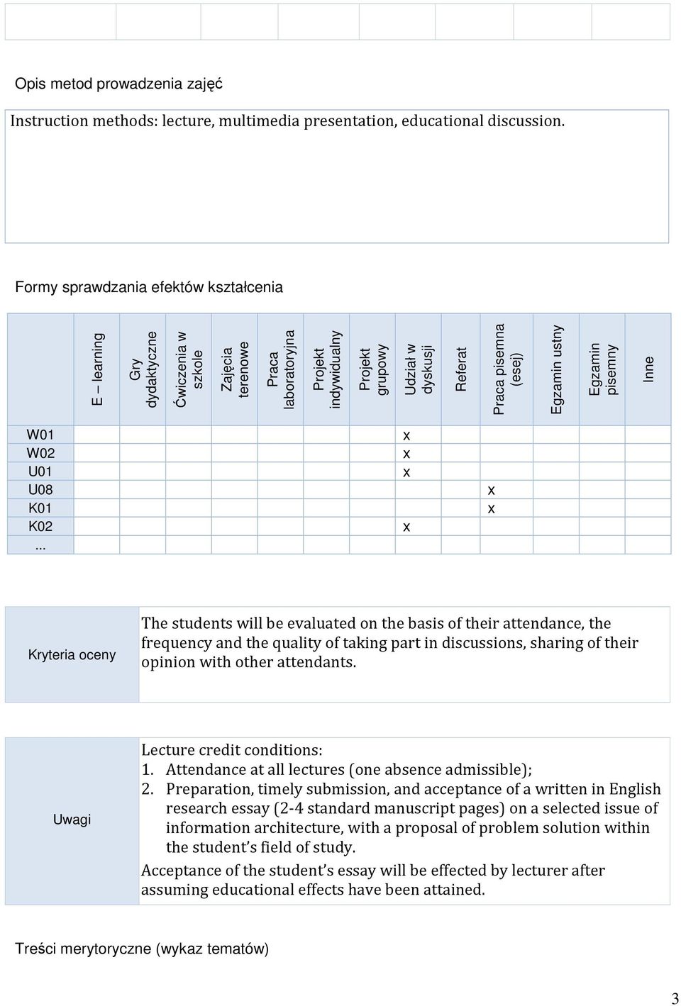 (esej) Egzamin ustny Egzamin pisemny Inne W01 W02 U01 U08 K01 K02.