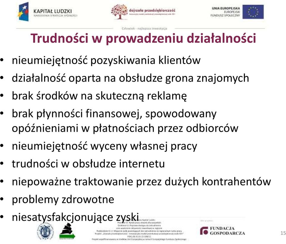 opóźnieniami w płatnościach przez odbiorców nieumiejętność wyceny własnej pracy trudności w obsłudze