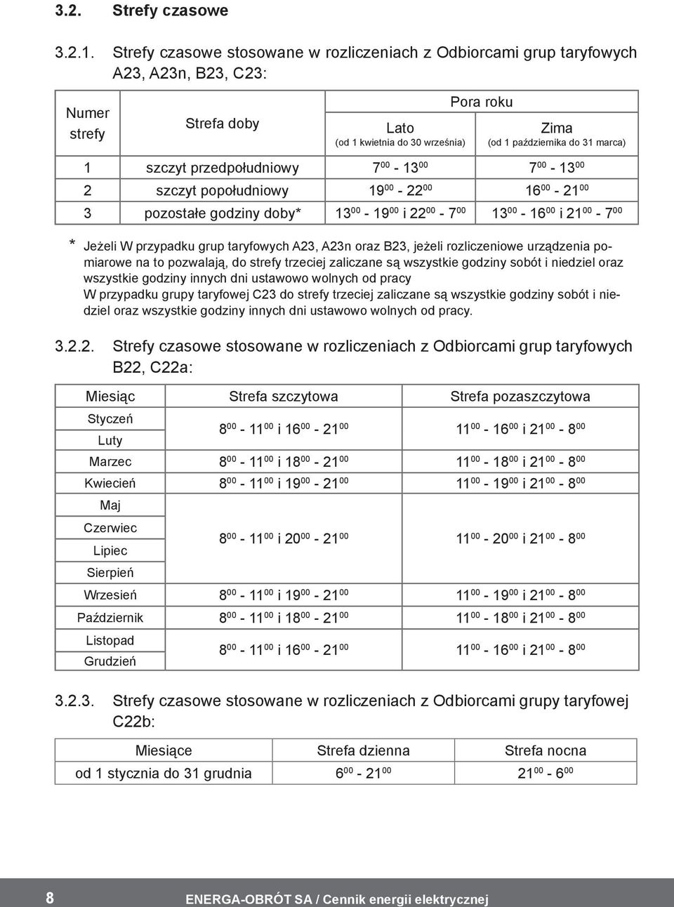 1 szczyt przedpołudniowy 7 00-13 00 7 00-13 00 2 szczyt popołudniowy 19 00-22 00 16 00-21 00 3 pozostałe godziny doby* 13 00-19 00 i 22 00-7 00 13 00-16 00 i 21 00-7 00 * Jeżeli W przypadku grup