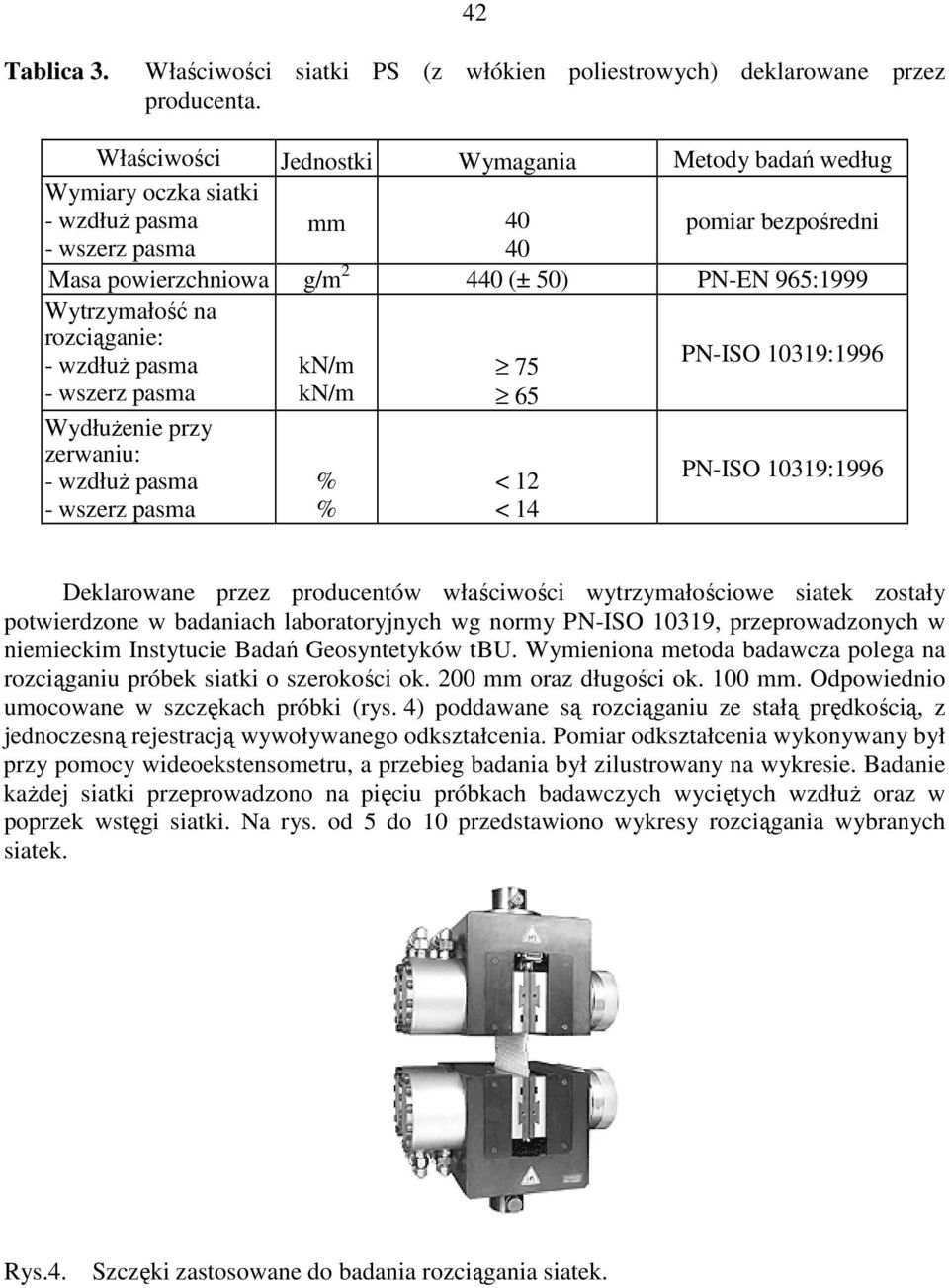 rozciąganie: - wzdłuŝ pasma - wszerz pasma WydłuŜenie przy zerwaniu: - wzdłuŝ pasma - wszerz pasma kn/m kn/m % % 75 65 < < 4 PN-ISO 039:996 PN-ISO 039:996 Deklarowane przez producentów właściwości