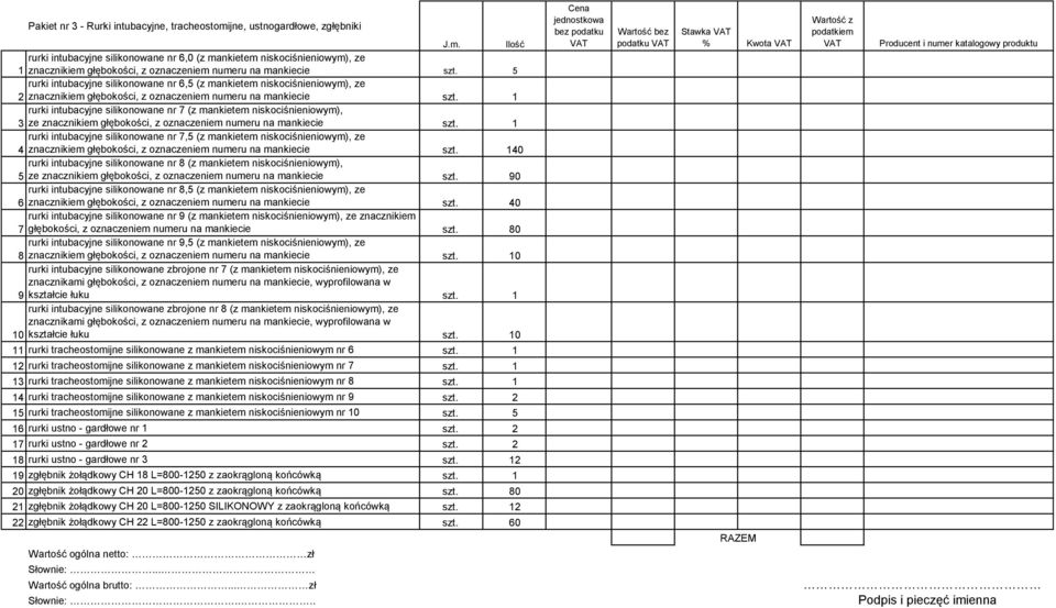 1 rurki intubacyjne silikonowane nr 7 (z mankietem niskociśnieniowym), 3 ze znacznikiem głębokości, z oznaczeniem numeru na mankiecie szt.