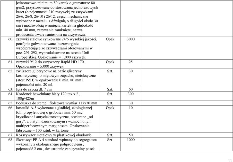 zszywki stalowe cynkowane 24/6 wysokiej jakości, Opak 3000 potrójnie galwanizowane, bezawaryjnie współpracujące ze zszywaczami oferowanymi w poz. 291-292, wyprodukowane na terenie Unii Europejskiej.