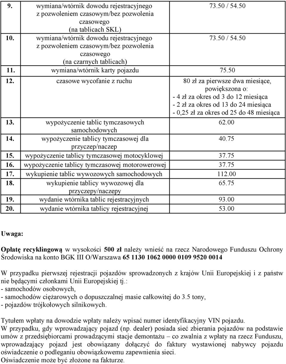 czasowe wycofanie z ruchu 80 zł za pierwsze dwa miesiące, powiększona o: - 4 zł za okres od 3 do 12 miesiąca - 2 zł za okres od 13 do 24 miesiąca - 0,25 zł za okres od 25 do 48 miesiąca 13.