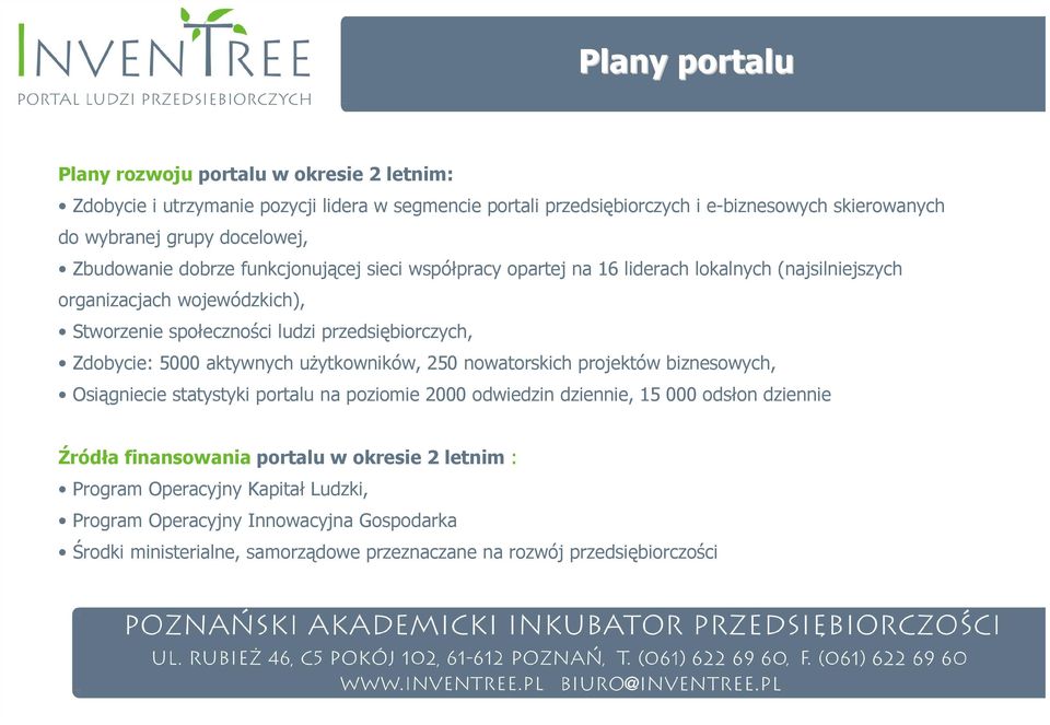 przedsiębiorczych, Zdobycie: 5000 aktywnych uŝytkowników, 250 nowatorskich projektów biznesowych, Osiągniecie statystyki portalu na poziomie 2000 odwiedzin dziennie, 15 000 odsłon