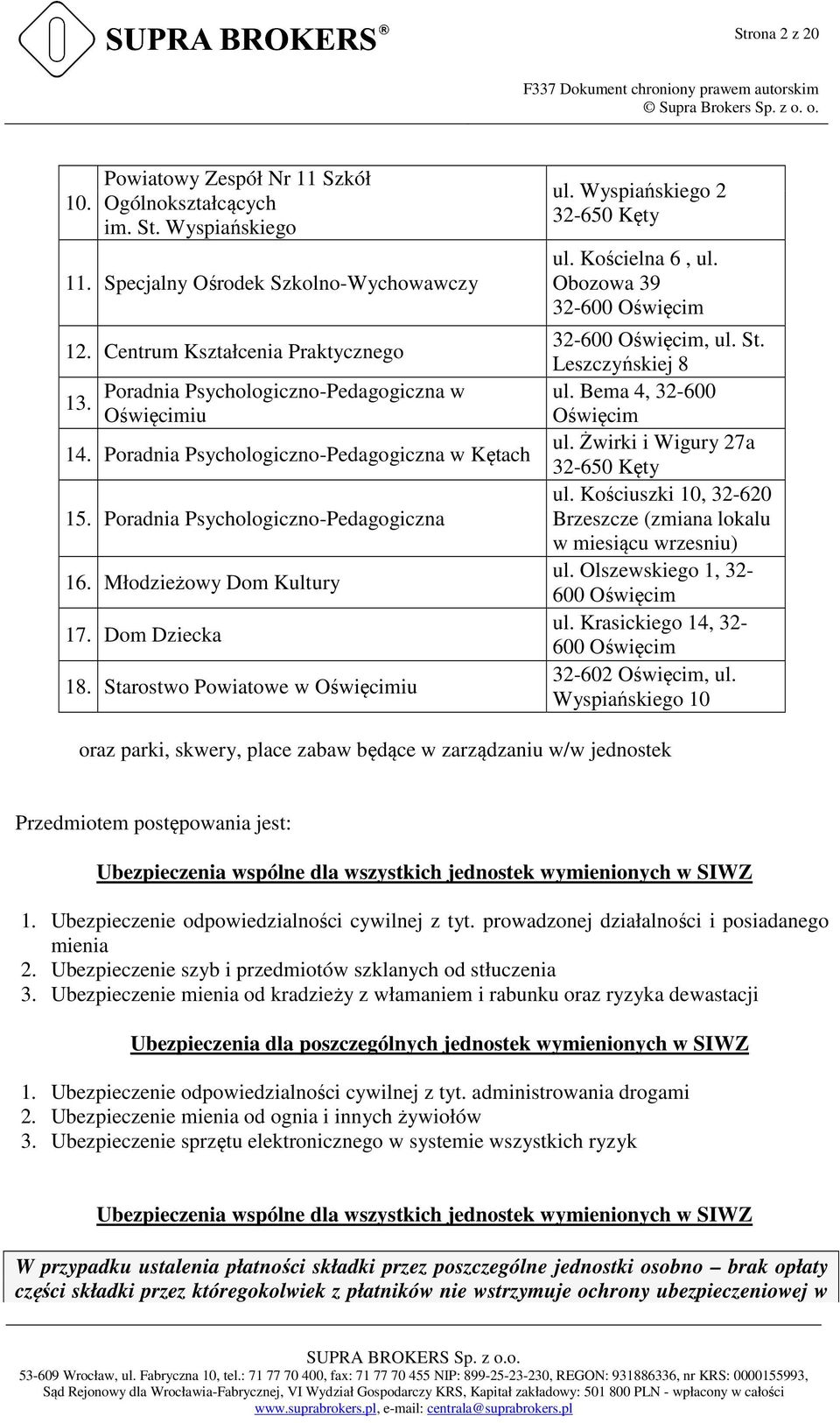 Starostwo Powiatowe w Oświęcimiu ul. Wyspiańskiego 2 32-650 Kęty ul. Kościelna 6, ul. Obozowa 39 32-600 Oświęcim 32-600 Oświęcim, ul. St. Leszczyńskiej 8 ul. Bema 4, 32-600 Oświęcim ul.