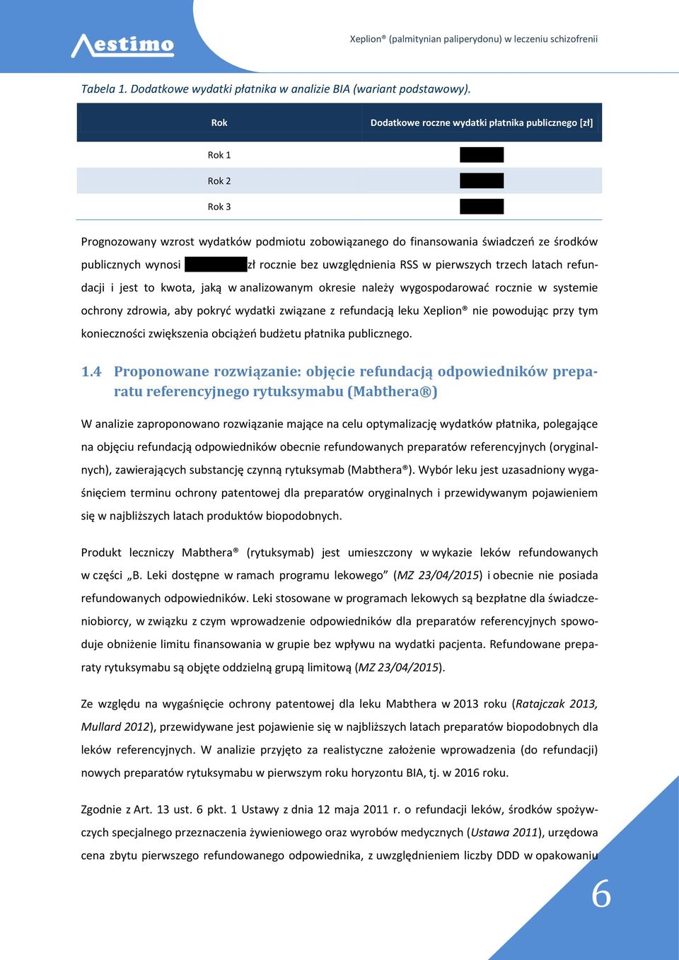 uwzględnienia RSS w pierwszych trzech latach refundacji i jest to kwota, jaką w analizowanym okresie należy wygospodarować rocznie w systemie ochrony zdrowia, aby pokryć wydatki związane z refundacją