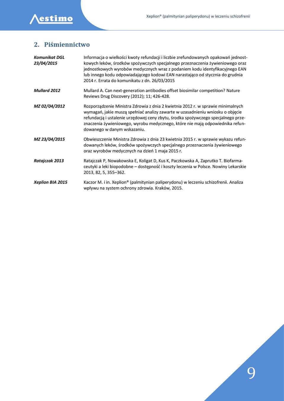 EAN narastająco od stycznia do grudnia 2014 r. Errata do komunikatu z dn. 26/03/2015 Mullard A. Can next-generation antibodies offset biosimilar competition?