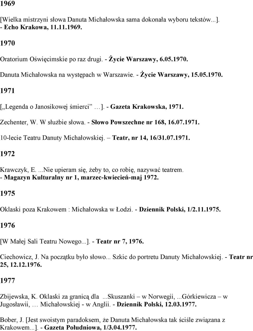 Teatr, nr 14, 16/31.07.1971. 1972 Krawczyk, E....Nie upieram się, żeby to, co robię, nazywać teatrem. - Magazyn Kulturalny nr 1, marzec-kwiecień-maj 1972.