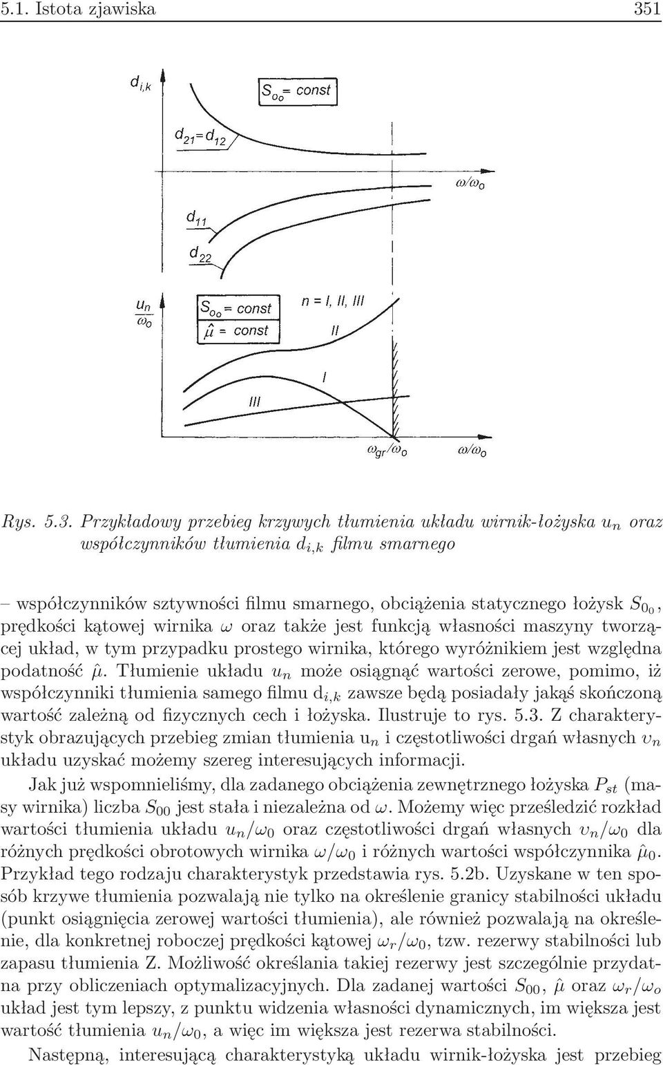 Przykładowy przebieg krzywych tłumienia układu wirnik-łożyska u n oraz współczynników tłumienia d i,k filmu smarnego współczynników sztywności filmu smarnego, obciążenia statycznego łożysk S 00,