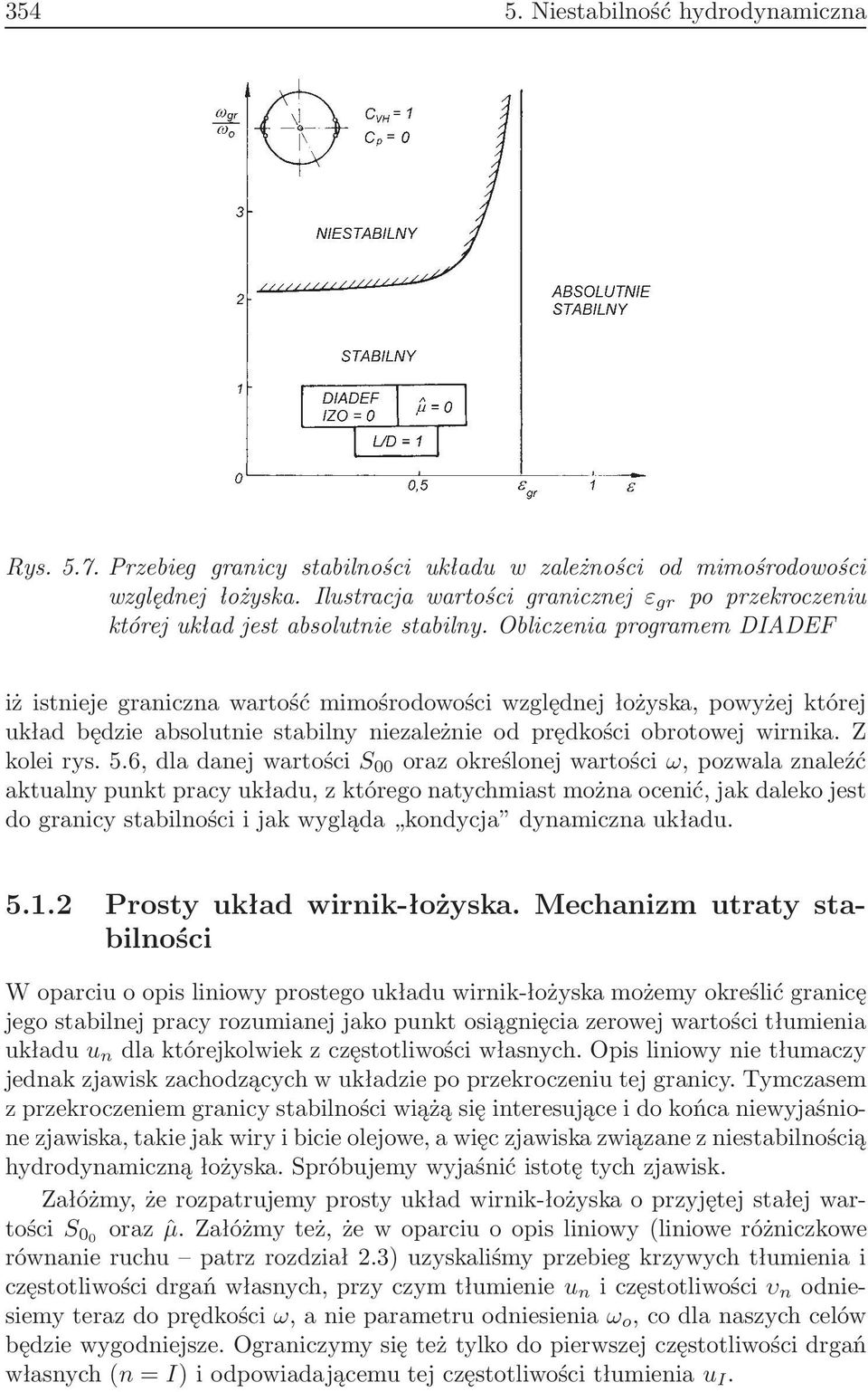 Obliczenia programem DIADEF iż istnieje graniczna wartość mimośrodowości względnej łożyska, powyżej której układ będzie absolutnie stabilny niezależnie od prędkości obrotowej wirnika. Z kolei rys. 5.