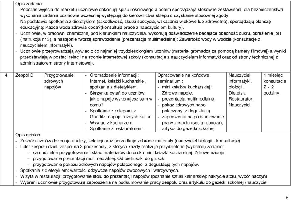 - Na podstawie spotkania z dietetykiem (szkodliwość, skutki spożycia, wskazania wiekowe lub zdrowotne), sporządzają planszę edukacyjną: Każda woda zdrowia doda?