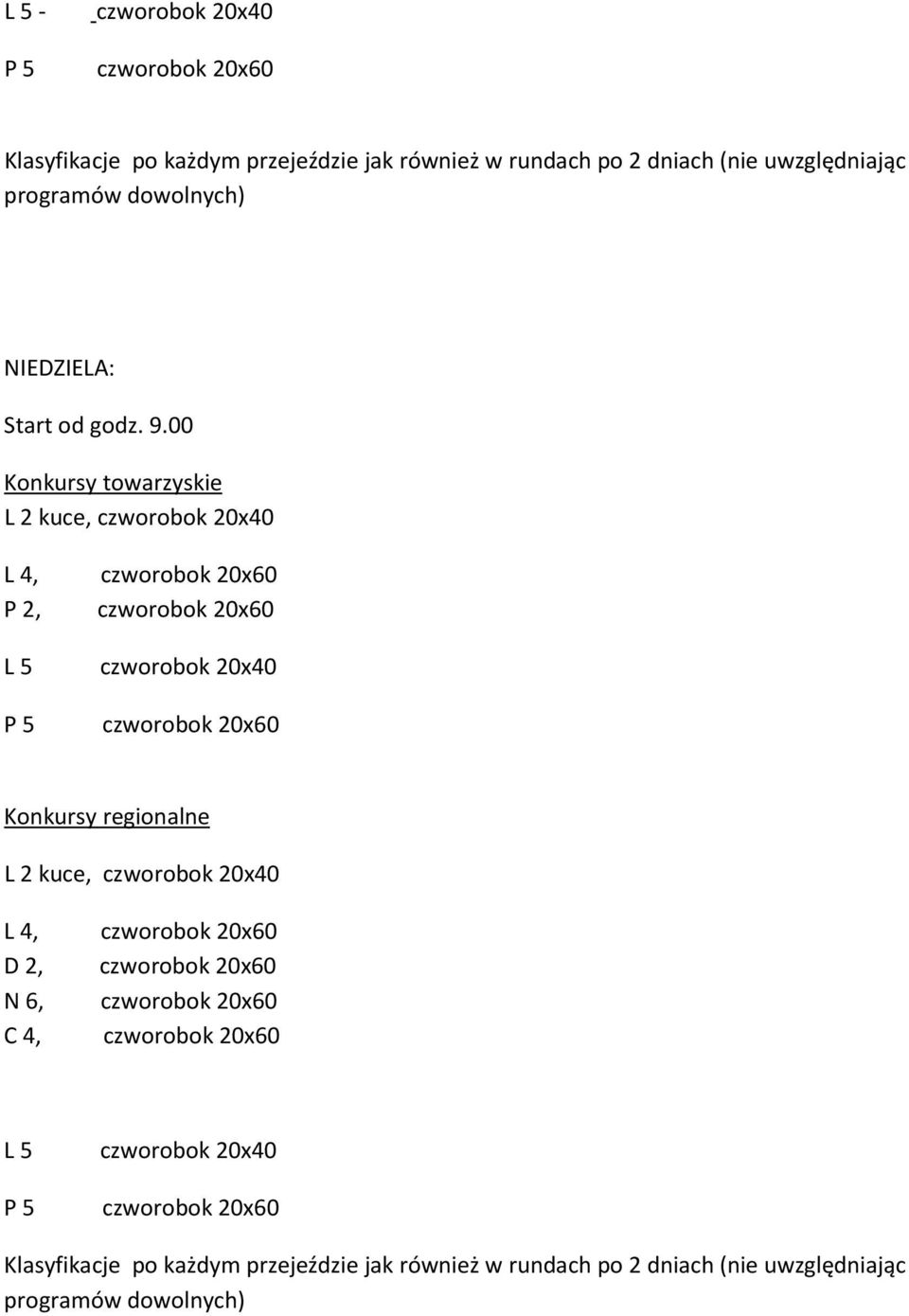 00 Konkursy towarzyskie L 2 kuce, L 4, P 2, Konkursy regionalne L 2 kuce, L 4, D 2,