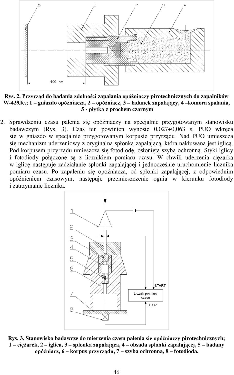 Sprawdzeniu czasu palenia się opóźniaczy na specjalnie przygotowanym stanowisku badawczym (Rys. 3). Czas ten powinien wynosić 0,027 0,063 s.