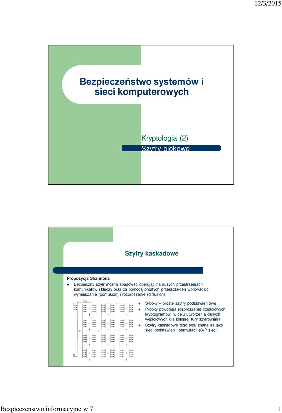 rozproszenie (diffusion) S-boxy proste szyfry podstawieniowe P-boxy powodują rozproszenie częściowych kryptogramów w celu utworzenia danych