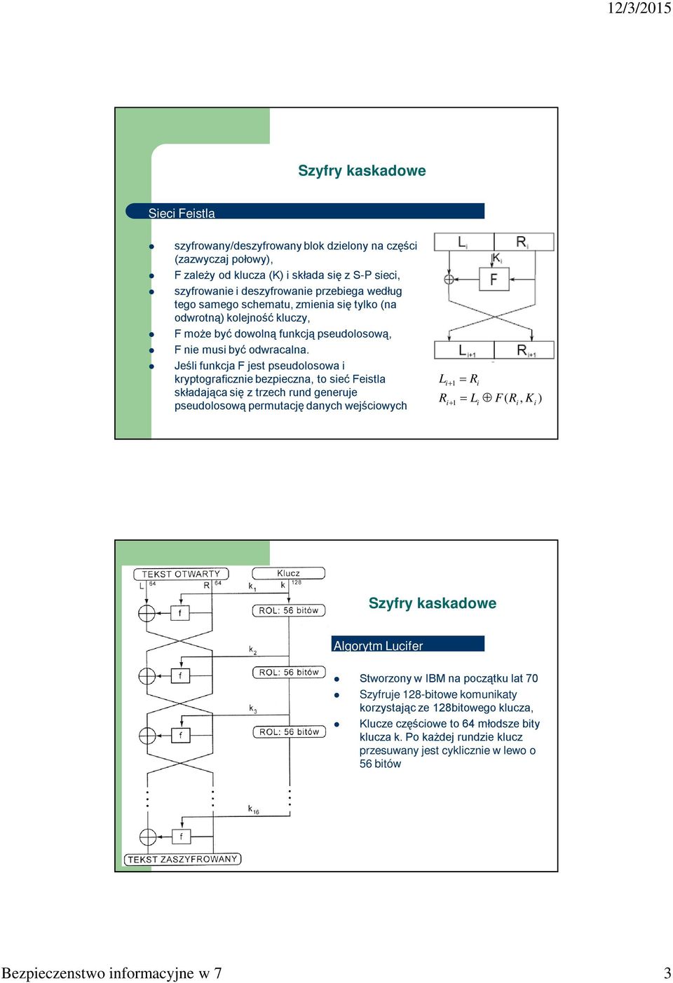 Jeśli funkcja F jest pseudolosowa i kryptograficznie bezpieczna, to sieć Feistla składająca się z trzech rund generuje pseudolosową permutację danych wejściowych L R i 1 i 1 R i L F( R, K ) i i i