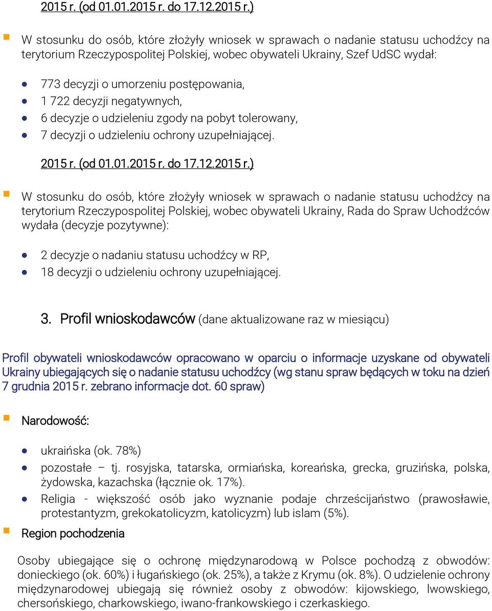 ) W stosunku do osób, które złożyły wniosek w sprawach o nadanie statusu uchodźcy na terytorium Rzeczypospolitej Polskiej, wobec obywateli Ukrainy, Szef UdSC wydał: 773 decyzji o umorzeniu