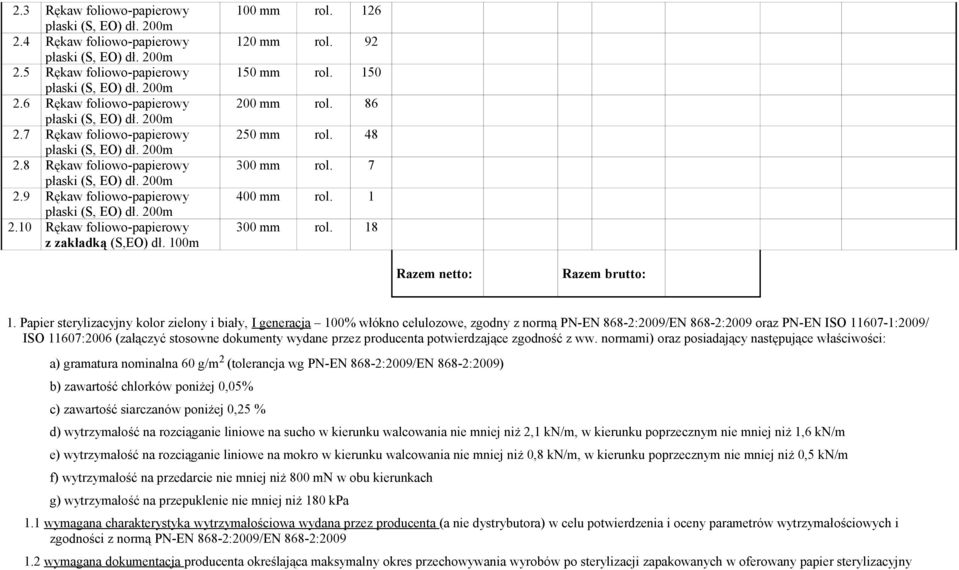 Papier sterylizacyjny kolor zielony i biały, I generacja 100% włókno celulozowe, zgodny z normą PN-EN 868-2:2009/EN 868-2:2009 oraz PN-EN ISO 11607-1:2009/ ISO 11607:2006 (załączyć stosowne dokumenty