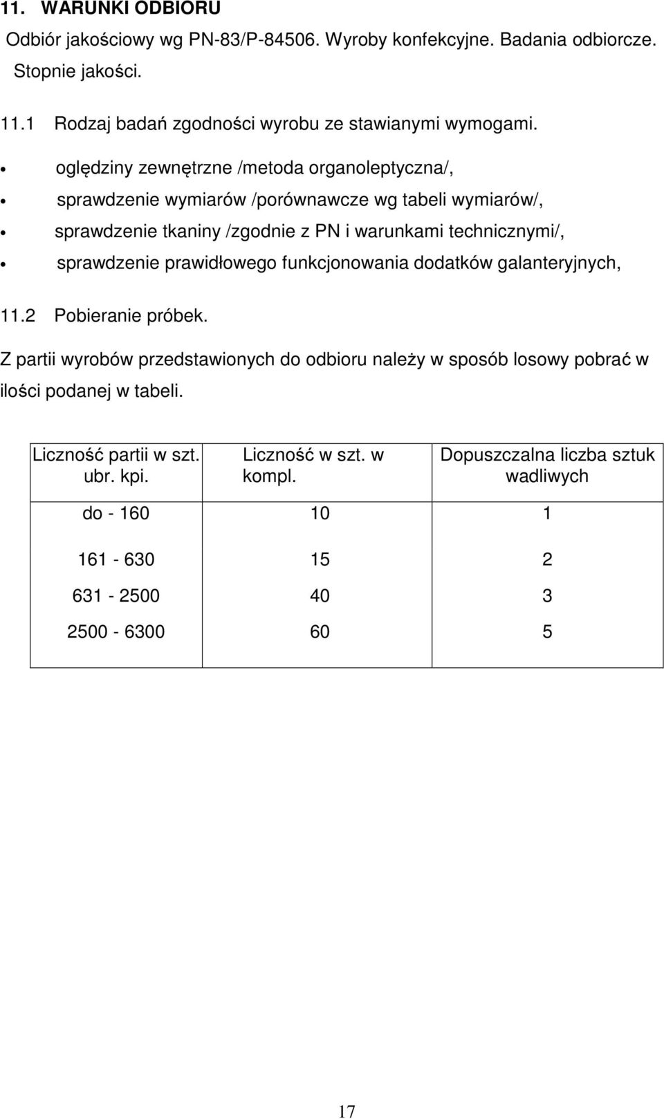 oględziny zewnętrzne /metoda organoleptyczna/, sprawdzenie wymiarów /porównawcze wg tabeli wymiarów/, sprawdzenie tkaniny /zgodnie z PN i warunkami technicznymi/,