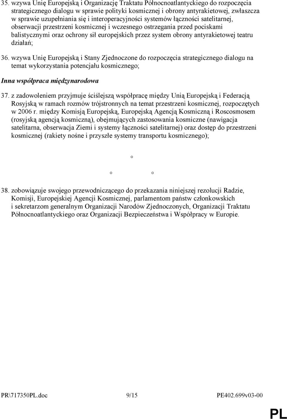 antyrakietowej teatru działań; 36. wzywa Unię Europejską i Stany Zjednoczone do rozpoczęcia strategicznego dialogu na temat wykorzystania potencjału kosmicznego; Inna współpraca międzynarodowa 37.
