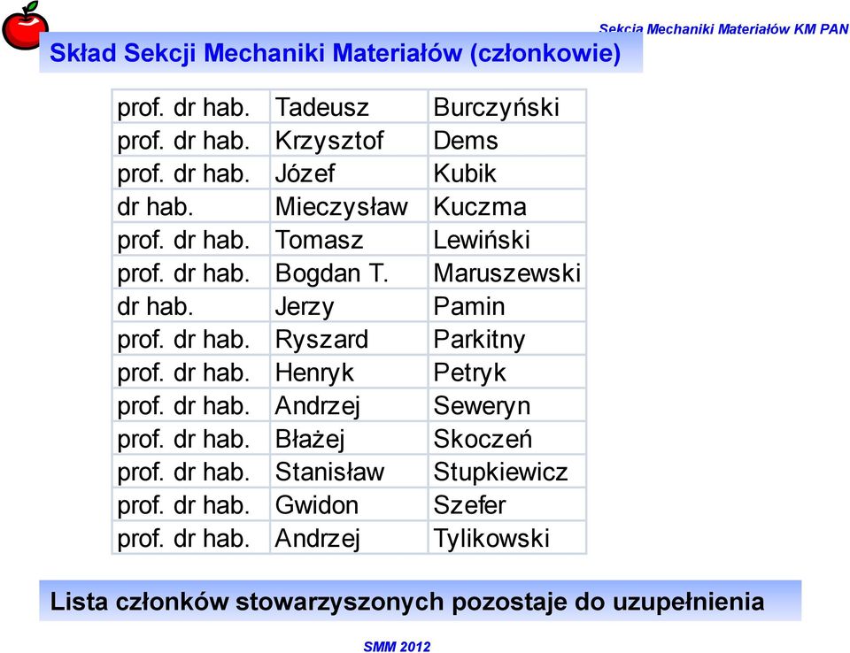 dr hab. Henryk Petryk prof. dr hab. Andrzej Seweryn prof. dr hab. Błażej Skoczeń prof. dr hab. Stanisław Stupkiewicz prof. dr hab. Gwidon Szefer prof.