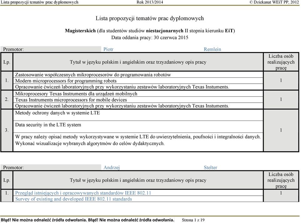 Modern microprocessors for programming robots Opracowanie ćwiczeń laboratoryjnych przy wykorzystaniu zestawów laboratoryjnych Texas Instuments.