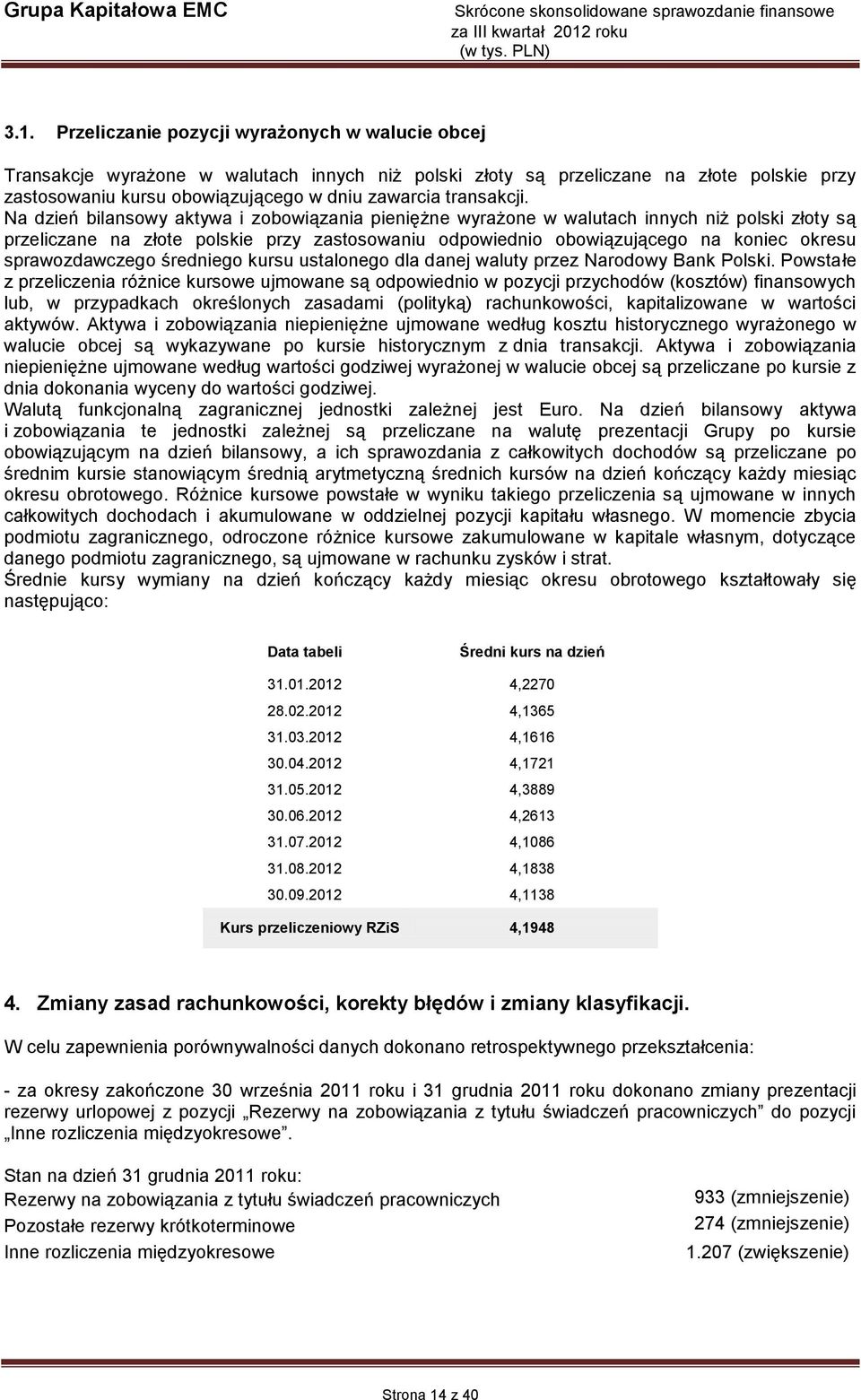 Na dzień bilansowy aktywa i zobowiązania pieniężne wyrażone w walutach innych niż polski złoty są przeliczane na złote polskie przy zastosowaniu odpowiednio obowiązującego na koniec okresu