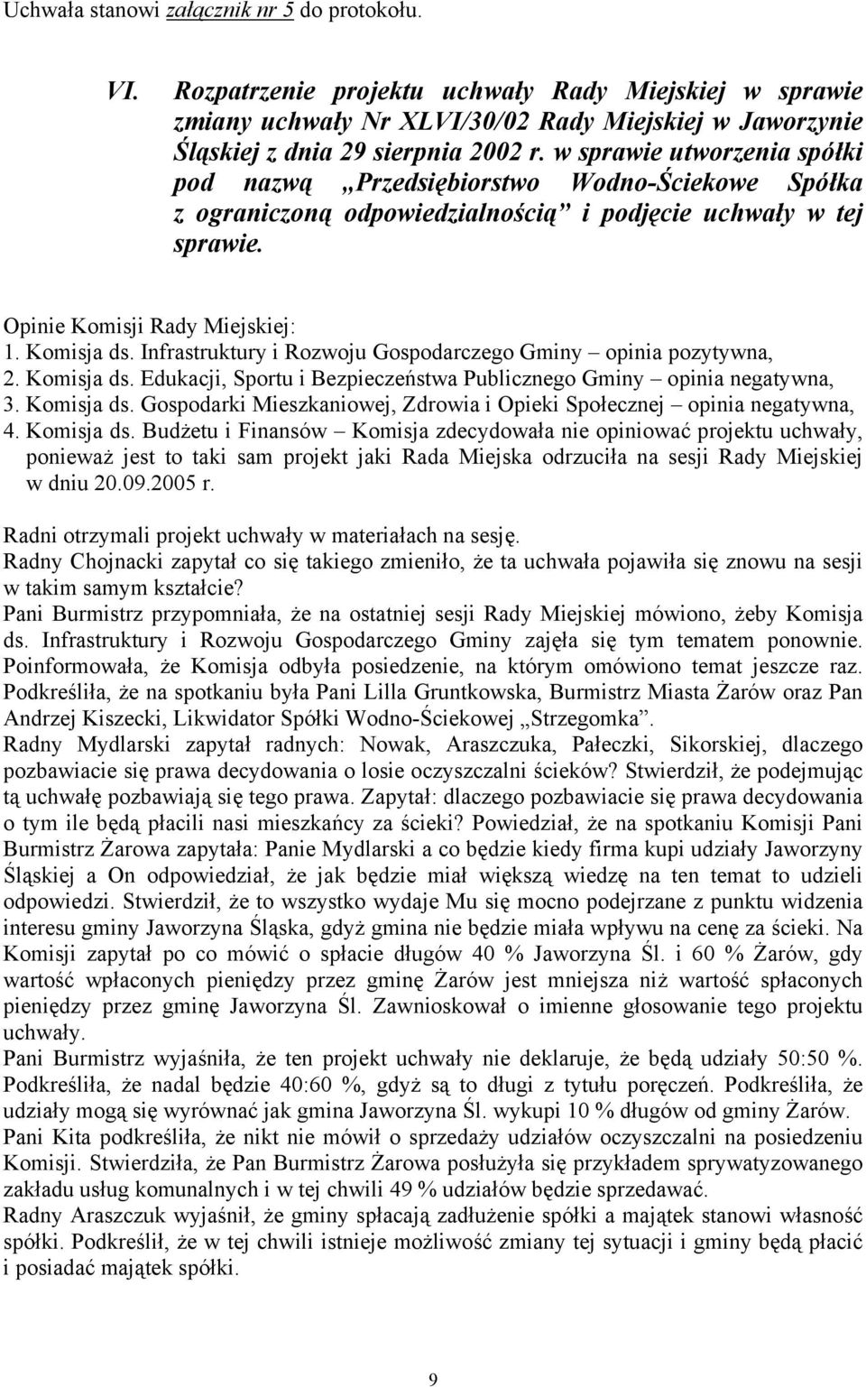 Infrastruktury i Rozwoju Gospodarczego Gminy opinia pozytywna, 2. Komisja ds. Edukacji, Sportu i Bezpieczeństwa Publicznego Gminy opinia negatywna, 3. Komisja ds. Gospodarki Mieszkaniowej, Zdrowia i Opieki Społecznej opinia negatywna, 4.