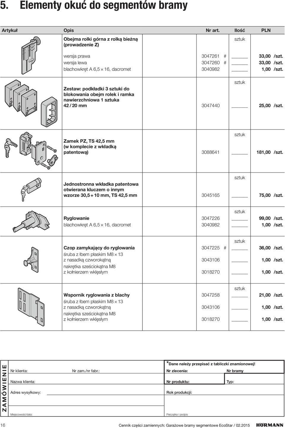 Zamek PZ, TS 42,5 mm (w komplecie z wkładką patentową) 3088641 181,00 /szt. Jednostronna wkładka patentowa otwierana kluczem o innym wzorze 30,5 + 10 mm, TS 42,5 mm 3045165 75,00 /szt.
