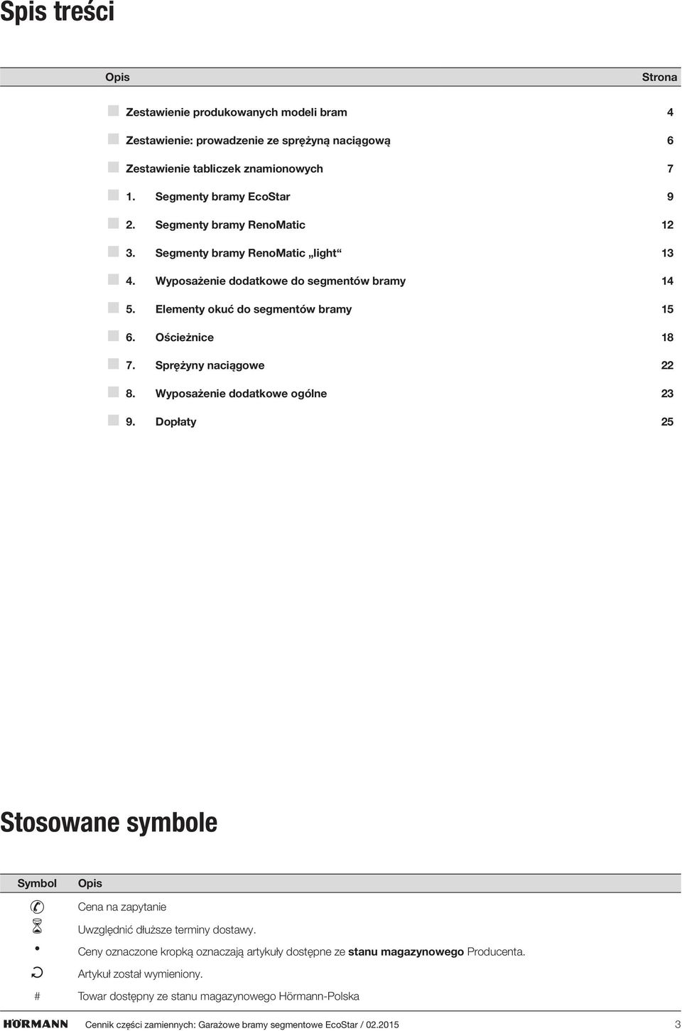 Sprężyny naciągowe 22 8. Wyposażenie dodatkowe ogólne 23 9. Dopłaty 25 Stosowane symbole Symbol Opis Cena na zapytanie Uwzględnić dłuższe terminy dostawy.