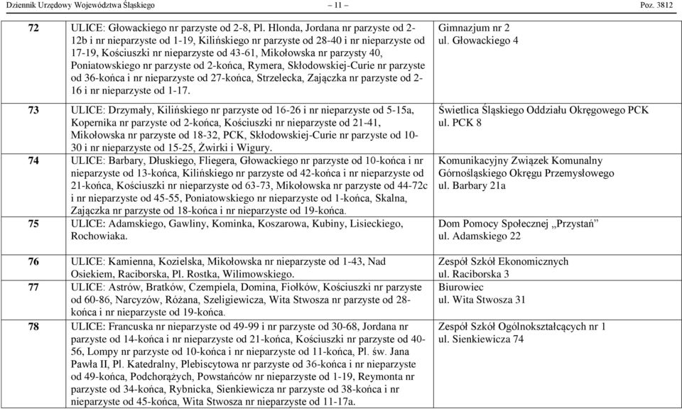 Poniatowskiego nr parzyste od 2-końca, Rymera, Skłodowskiej-Curie nr parzyste od 36-końca i nr nieparzyste od 27-końca, Strzelecka, Zajączka nr parzyste od 2-16 i nr nieparzyste od 1-17.
