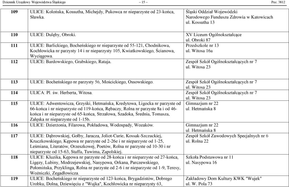 Obroki 87 111 ULICE: Barlickiego, Bocheńskiego nr nieparzyste od 55-121, Chodnikowa, Kochłowicka nr parzysty 14 i nr nieparzysty 105, Kwiatkowskiego, Ścianowa, Przedszkole nr 13 ul.
