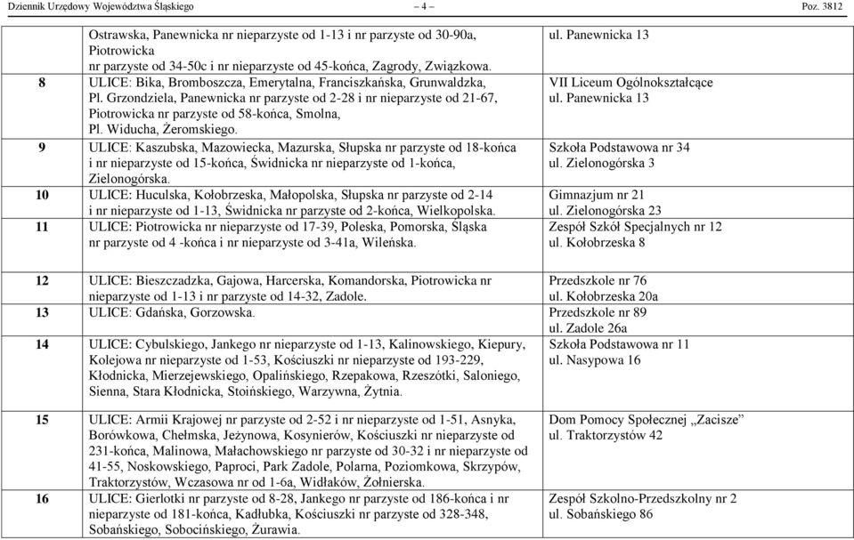 8 ULICE: Bika, Bromboszcza, Emerytalna, Franciszkańska, Grunwaldzka, Pl. Grzondziela, Panewnicka nr parzyste od 2-28 i nr nieparzyste od 21-67, Piotrowicka nr parzyste od 58-końca, Smolna, Pl.