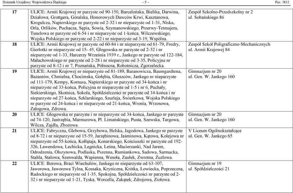 nieparzyste od 1-31, Niska, Orla, Orlików, Puchacza, Sępia, Sowia, Szymanowskiego, Przerwy-Tetmajera, Tunelowa nr parzyste od 6-54 i nr nieparzyste od 1-końca, Wilczewskiego, Wojska Polskiego nr