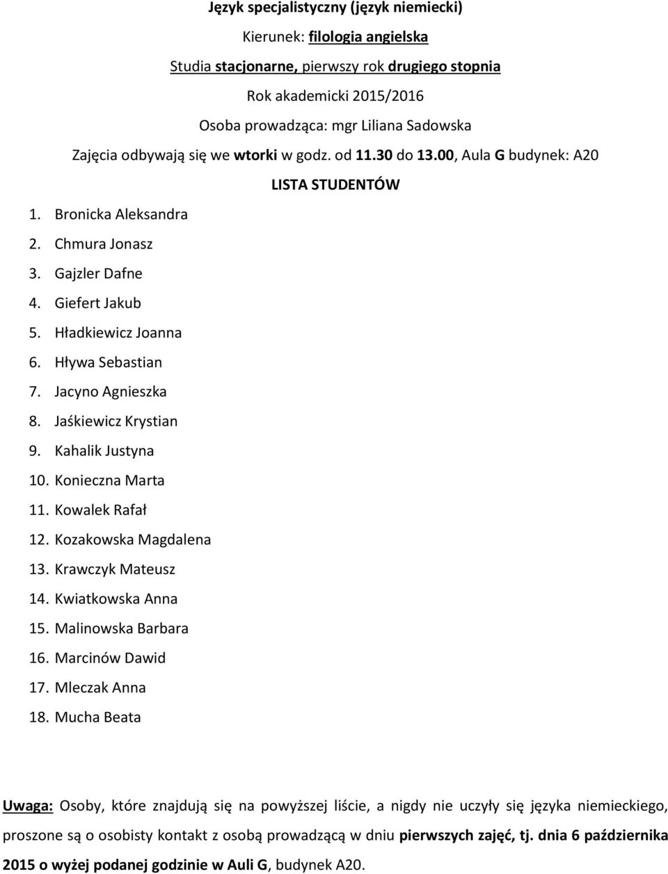 Kowalek Rafał 12. Kozakowska Magdalena 13. Krawczyk Mateusz 14. Kwiatkowska Anna 15. Malinowska Barbara 16. Marcinów Dawid 17. Mleczak Anna 18.